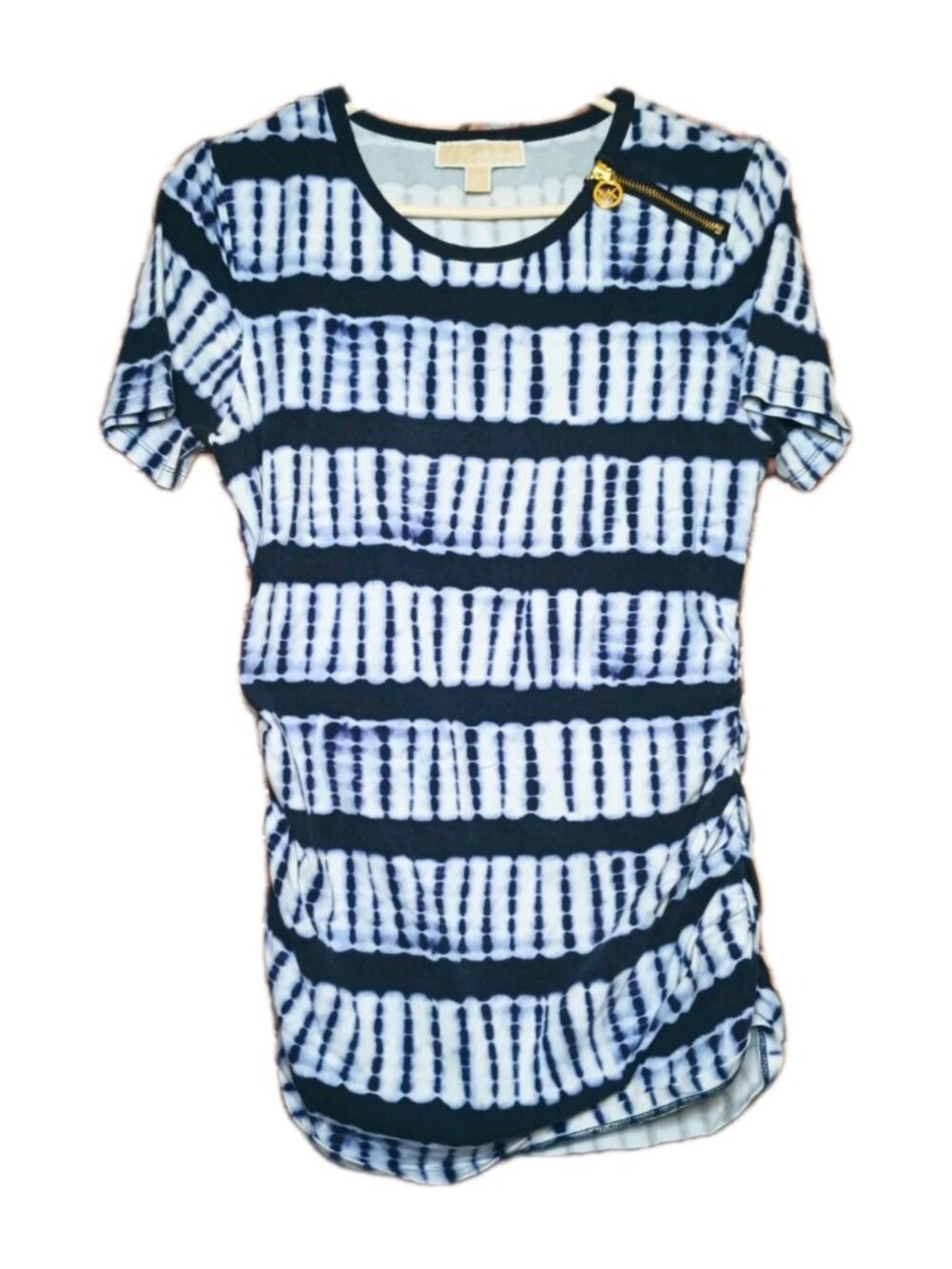 Michael Kors Wmns Tie Dye Top Navy/ White Stripes With Gold Zipper Chain-Medium